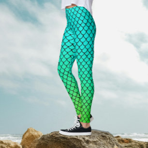 Cool Mermaid Aqua Gradient Fish Scales Pattern Leggings
