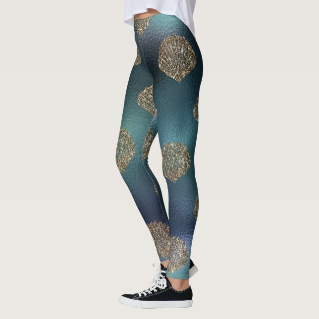 cool mermaid glitter blue gold sea shells unicorn leggings (Left)