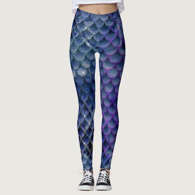 cool mermaid glitter chic blue fish like pattern leggings (Front)