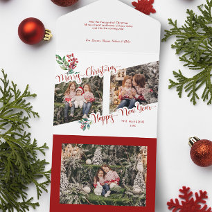 Cool Merry Christmas Calligraphy Holly 2-Photo  All In One Invitation