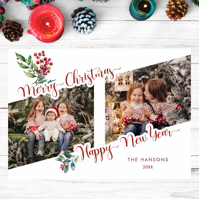 Cool Merry Christmas Calligraphy Holly 2-Photo  Holiday Card (Creator Uploaded)