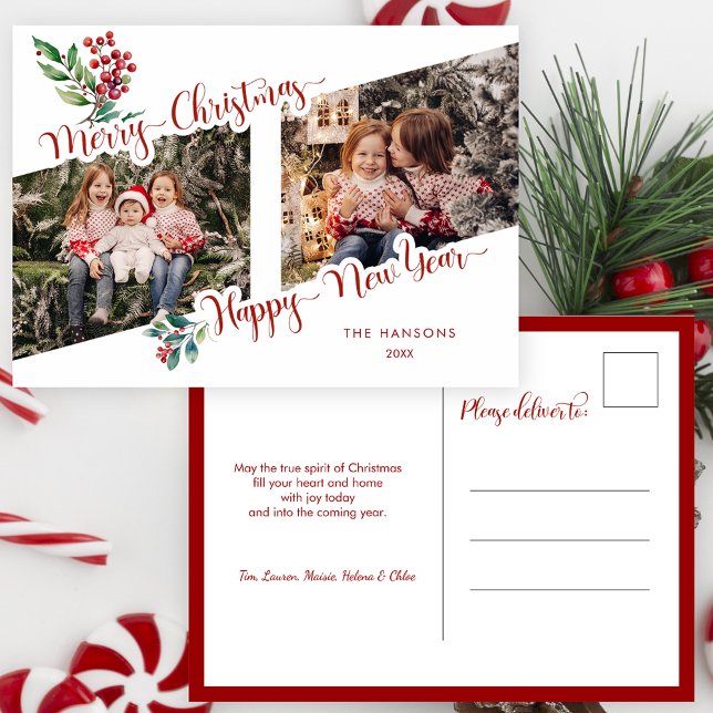 Cool Merry Christmas Calligraphy Holly 2-Photo  Holiday Postcard (Creator Uploaded)