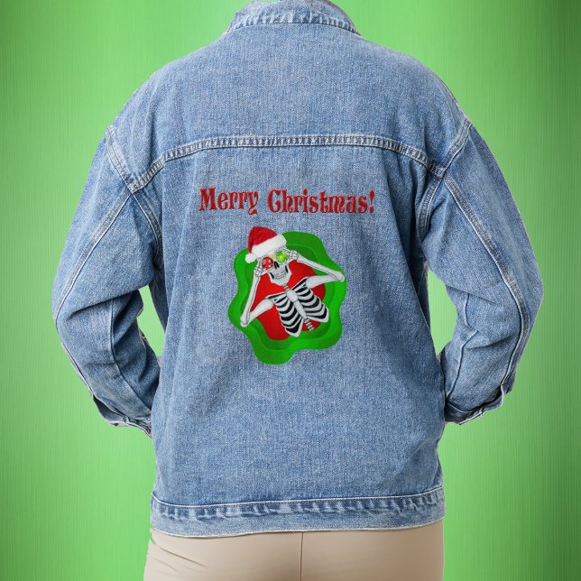 Cool Merry Christmas Skeleton Ornament Eyes Denim Jacket (Goofy skeleton ornament eyes Santa hat in splatter shape with Merry Christmas text on denim jacket.)