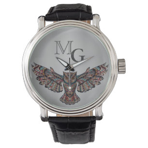 Cool Metalised Owl Art on Silver Monogrammed Watch