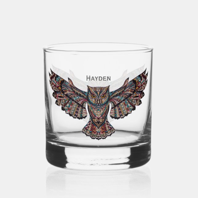 Cool Metalised Owl Art Personalised Whiskey Glass (Front)
