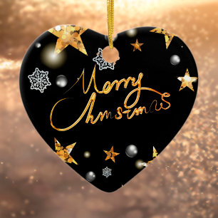 Cool Metallic Gold Black Stars Merry Xmas Script Ceramic Tree Decoration