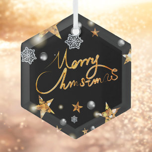 Cool Metallic Gold Black Stars Merry Xmas Script  Glass Tree Decoration