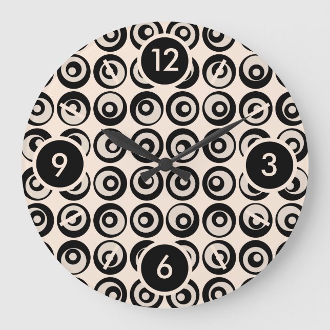 Cool Mid Century Black And Cream Circles Pattern Large Clock (Front)