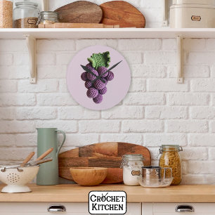 Cool Minimalist Purple Grandma Chic Crochet Grape Round Clock