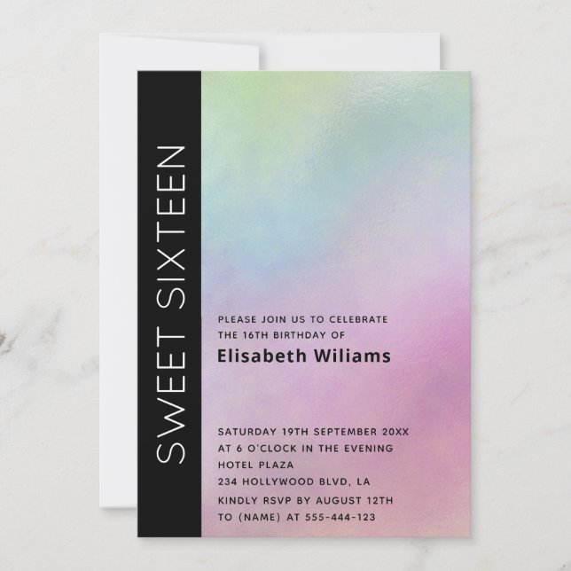 Cool Minimalist typography holographic sweet 16 In Invitation (Front)