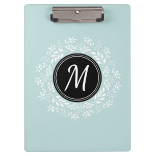 Cool Mint Blue Floral Wreath Custom Monogram Clipboard
