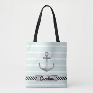 Cool Mint Stripes Watercolor Anchor Personalised Tote Bag