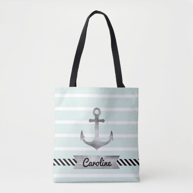 Cool Mint Stripes Watercolor Anchor Personalised Tote Bag (Front)