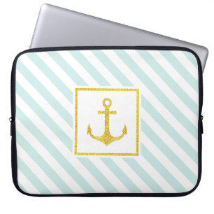Cool Mint White Stripes Golden Anchor Laptop Sleeve