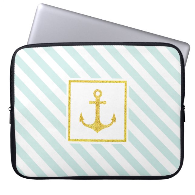 Cool Mint White Stripes Golden Anchor Laptop Sleeve (Front)