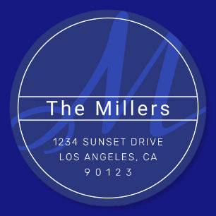 Cool Modern Address Navy & Royal Blue with White Classic Round Sticker