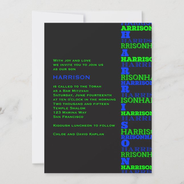 Cool Modern Bar Mitzvah Invitation Black Blue (Front)