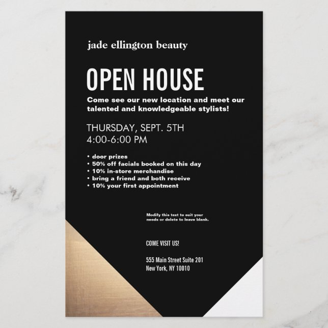 Cool Modern Black and Gold Hair Salon Open House Flyer (Front)