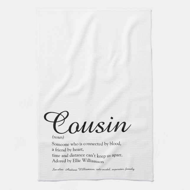 Cool Modern Black and White Cousin Definition Tea Towel (Vertical)