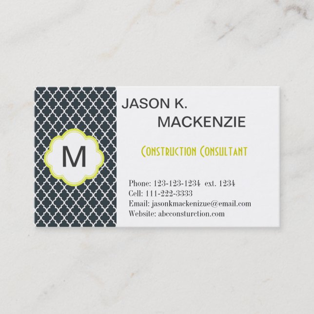 Cool, modern black quatrefoi monogram professioanl business card (Front)