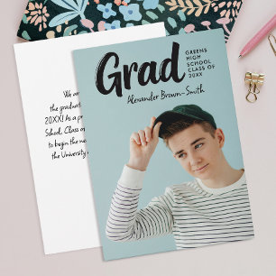 Cool Modern Black Script School Graduation Photo Announcement