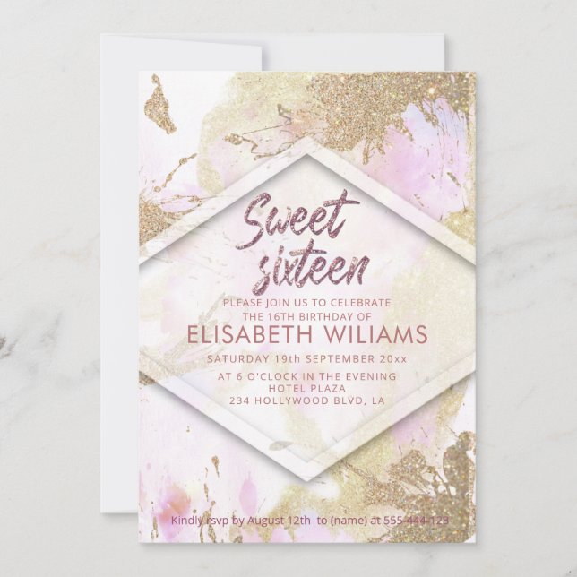Cool modern blush watercolor wash glittery invitation (Front)