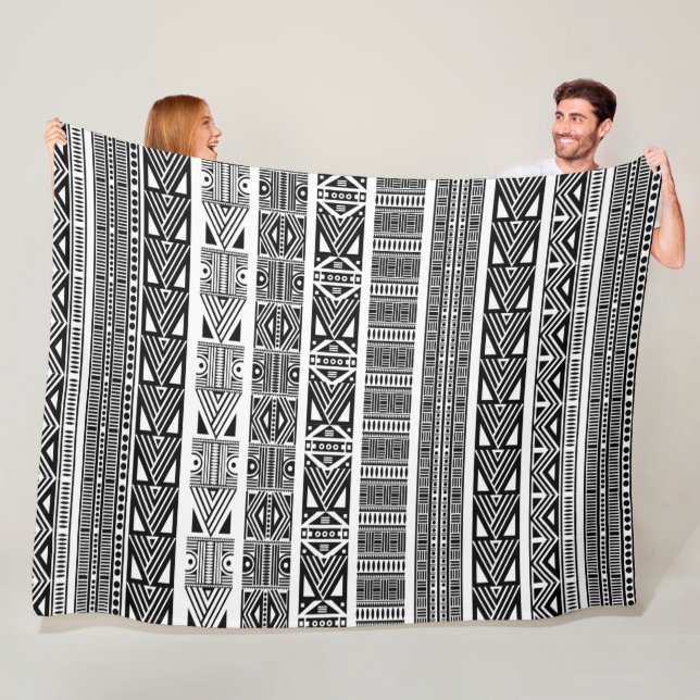 Cool Modern Boho Black and White Pattern Strips Fleece Blanket (In Situ)