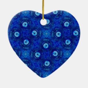 Cool, modern digital art of blue evil eye pattern ceramic tree decoration