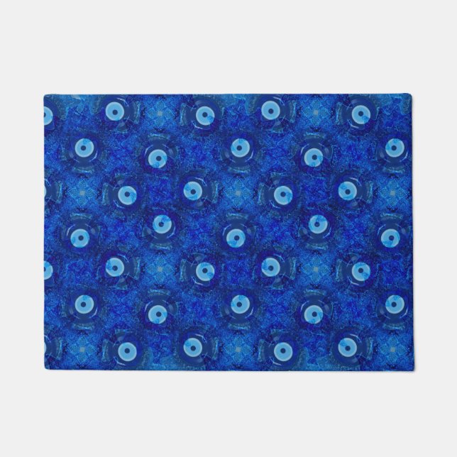 Cool, modern digital art of blue evil eye pattern doormat (Front)