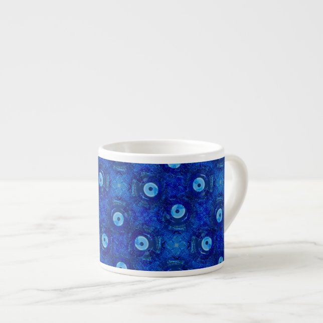 Cool, modern digital art of blue evil eye pattern espresso cup (Front Right)