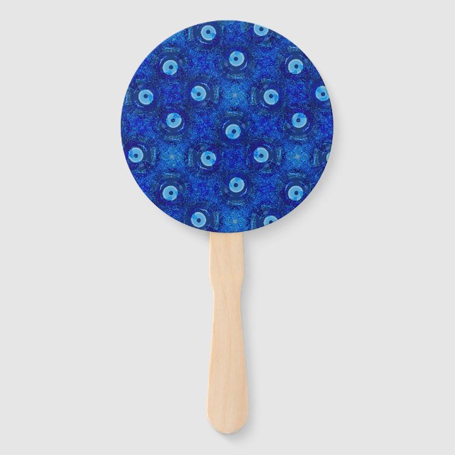 Cool, modern digital art of blue evil eye pattern hand fan (Front)
