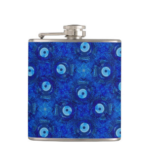 Cool, modern digital art of blue evil eye pattern hip flask