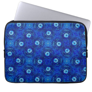 Cool, modern digital art of blue evil eye pattern laptop sleeve