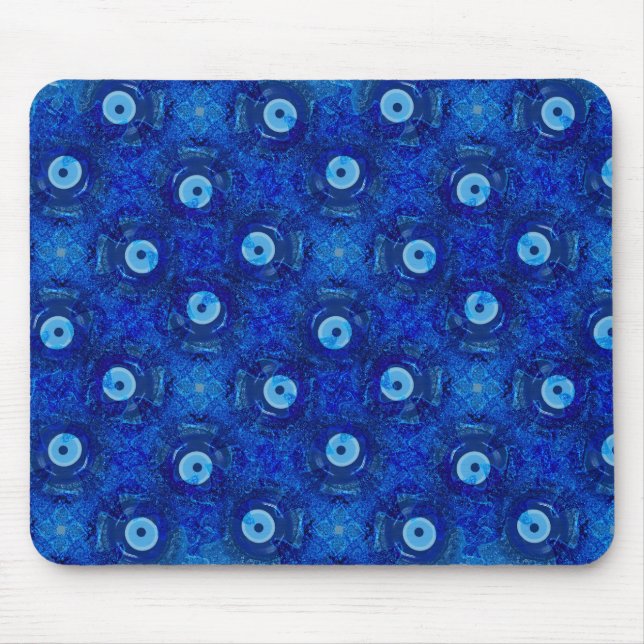 Cool, modern digital art of blue evil eye pattern mouse mat (Front)