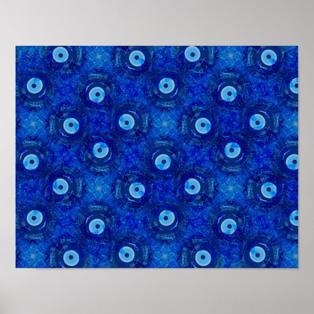 Cool, modern digital art of blue evil eye pattern poster (Front)