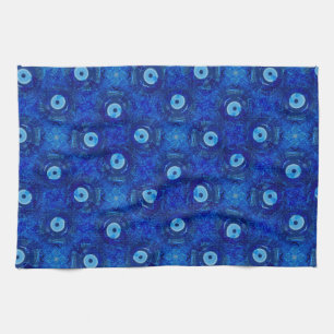 Cool, modern digital art of blue evil eye pattern tea towel