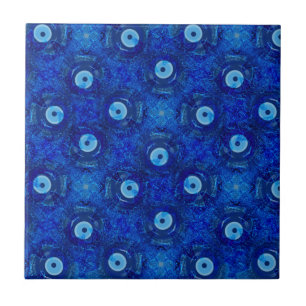 Cool, modern digital art of blue evil eye pattern tile