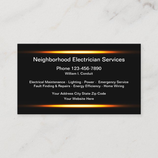 Cool Modern Electrician Services Business Cards (Front)