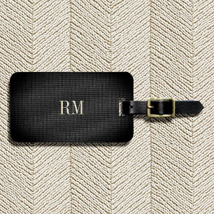 Cool Modern Elegant Black Linen Monogram Address Luggage Tag