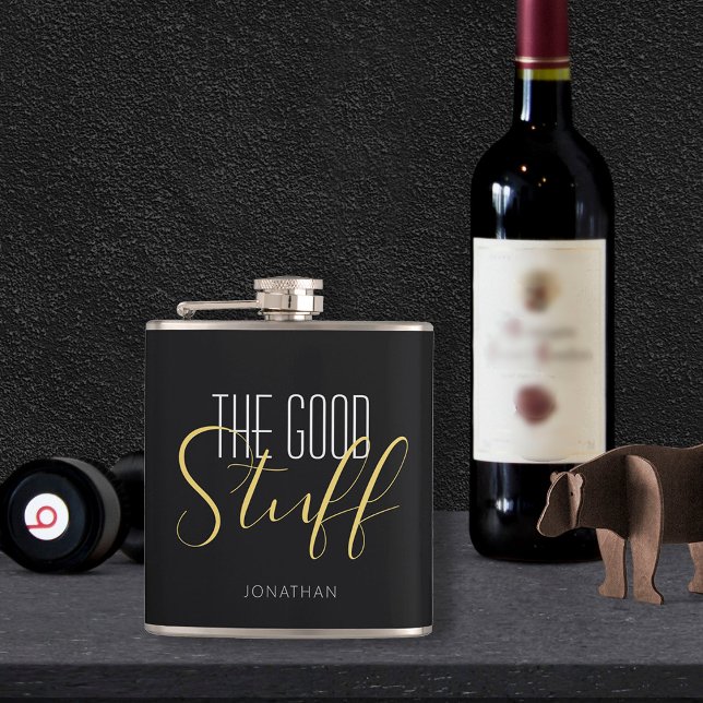 Cool Modern Elegant Good Stuff Gold Black Name Hip Flask (Creator Uploaded)
