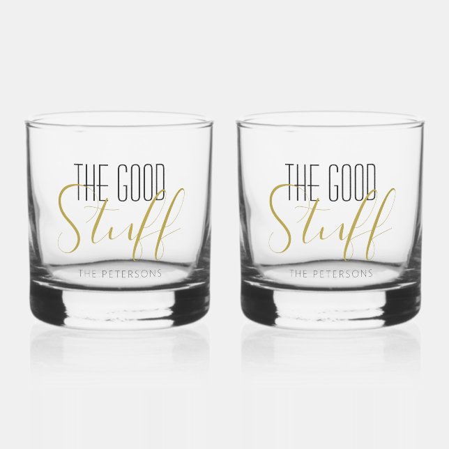 Cool Modern Elegant Good Stuff Gold Black Name Whiskey Glass (Front)