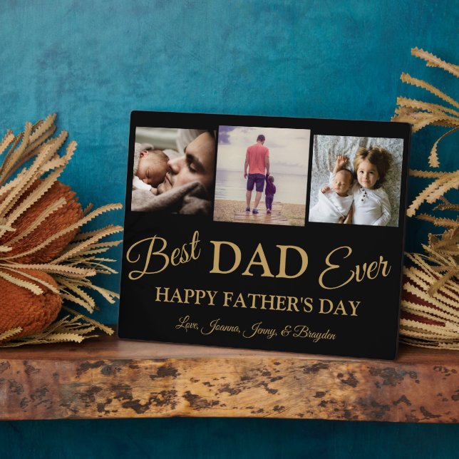 Cool Modern Gold Black 3 Photo Fathers Day Card Plaque (Side)