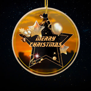 Cool Modern Gold Black Metallic Stars Merry Xmas Ceramic Tree Decoration