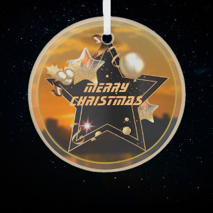 Cool Modern Gold Black Metallic Stars Merry Xmas Glass Tree Decoration