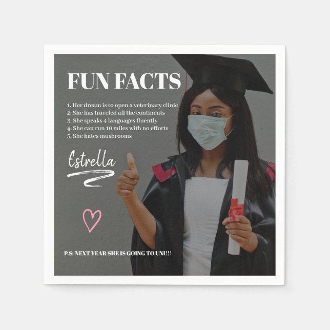 Cool modern graduate fun facts graduation photo napkin (Front)