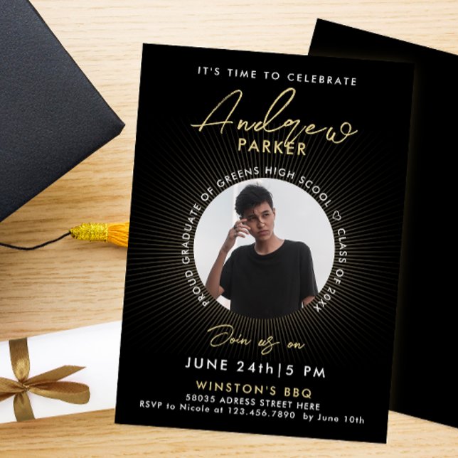 Cool Modern Graduation Black Gold Photo Invitation (Creator Uploaded)