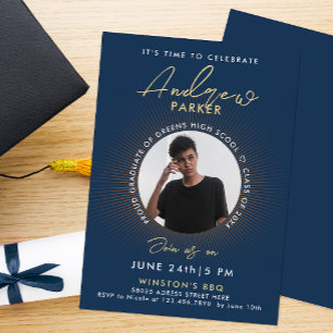 Cool Modern Graduation Blue Photo Invitation