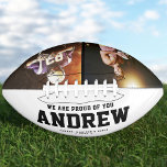 Cool Modern Graduation Gift 2 Photo Trendy Unique American Football<br><div class="desc">Perfect for the coolest grad you love: A customised football with 2 favourite photos,  his name,  and a sweet message from you as well as names and year. Great graduation gift or an awesome surprise for his birthday,  surely a keepsake he'll love for years to come.</div>