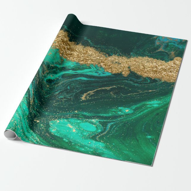 Cool Modern Green Gold Marble Stone Texture Wrapping Paper (Unrolled)