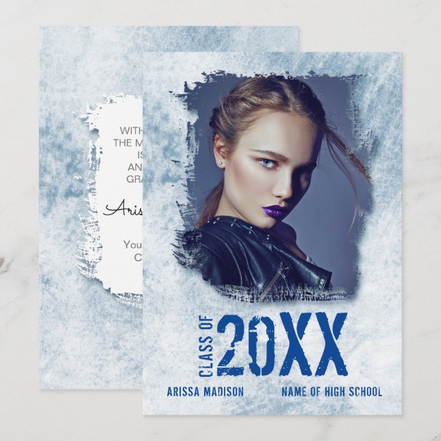 Cool Modern Grunge Double Sided Photo Blue Grad Announcement (Front/Back)